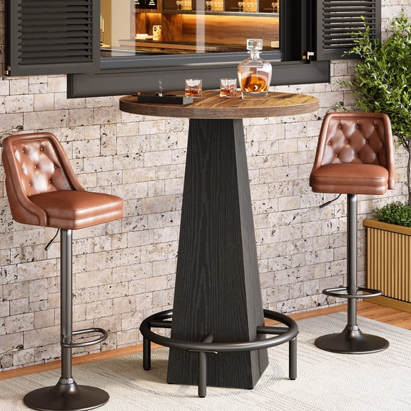 Finmind Bar Table, 37.4 inch High Round Pub Table for Small Bars, Dining Room, Kitchen, Brown and Black