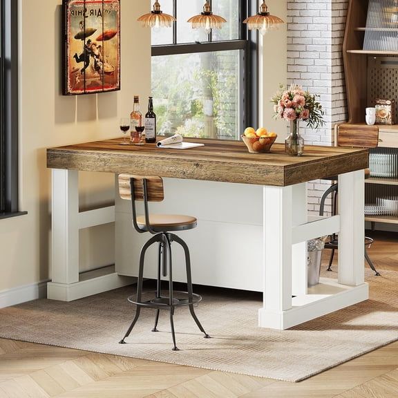 Finmind Bar Table, 55-Inch Counter Height Pub Table with Storage Shelves, High Top Kitchen Dining Table, Rectangle Wood Home Bar Unit for Dining Room, Bistro, White and Brown