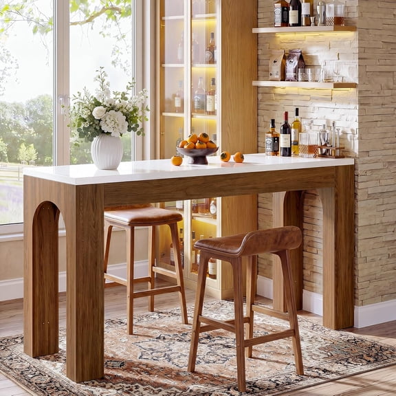 Finmind Bar Table, 63'' Counter Height Pub Table, Dining Room, White & Brown
