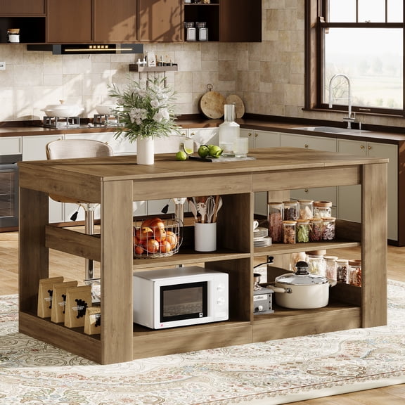 Finmind Bar Table, 63-inch Counter Height Pub Table, Rectangular Wooden Kitchen Table with Storage Shelves for Dining Room, Home Bar, Rustic Brown