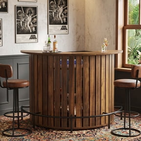 Finmind Bar Table with Storage, 4-Tier Arc-Shaped Mini Bar Table with Footrest for Home, Living Room, Rustic Brown