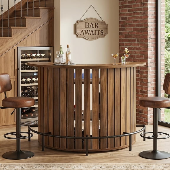 Finmind Bar Table with Storage, 4-Tier Arc-Shaped Mini Pub Table with Footrest, Rustic Brown