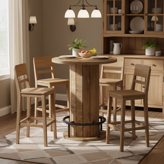 Finmind Black Round Bar Height Dining Table, Wood Strip Base with Footrest for Home Commercial Space