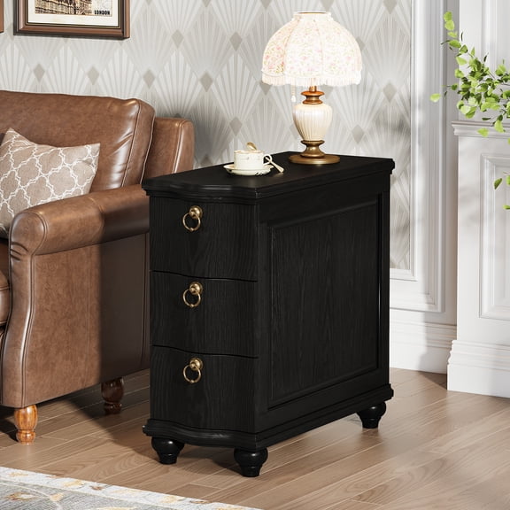 Finmind Black Wood Fully Assembled End Table, 3-Drawers Narrow Slim Side Table, No Assembly Required, Nightstand for Bedside
