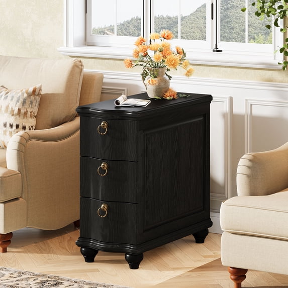 Finmind Black Wood Fully Assembled End Table, 3-Drawers Narrow Slim Side Table, No Assembly Required, Nightstand for Bedside