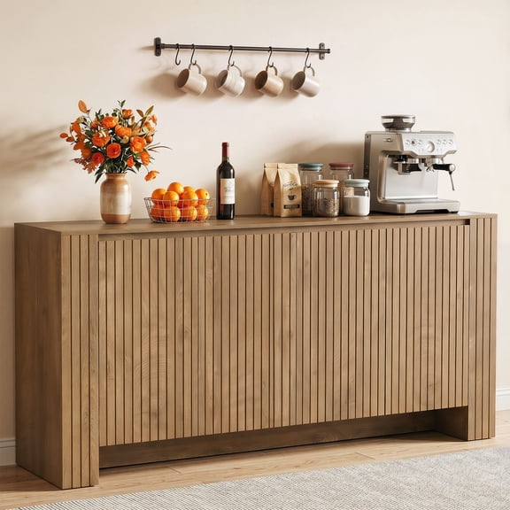 Finmind Buffet Cabinet with Storage, 63-Inch Fluted Sideboard Cabinet, Coffee Bar Cabinet with Adjustable Shelves, Mid Century Modern Credenza for Kitchen, Living Room, Brown