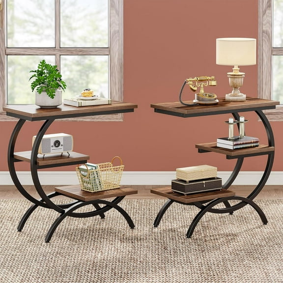 Finmind C Shaped 3-Tier Side Table for Couch, Industrial Wood Bedside Table End Table, 3-Tier Couch Table for Small Spaces, Living Room, Dark Brown(2PC)