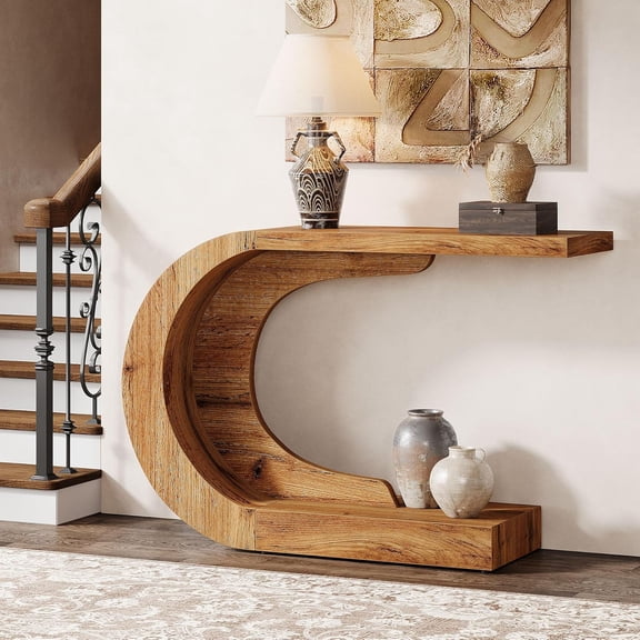 Finmind C-Shaped Console Table for Entryway, 43.4-Inch Mid-Century Modern Entry Accent Table for Living Room, Entrance, Foyer, Easy Assembly, Natural Brown