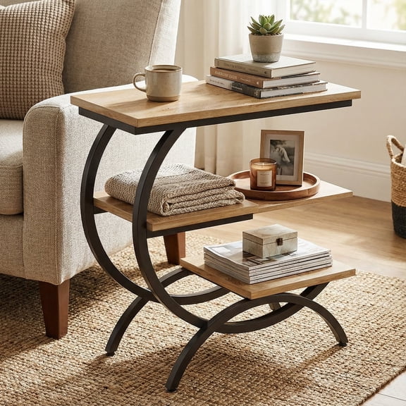 Finmind C-Shaped End Table, Industrial 3-Tier Side Table with Storage Shelves for Small Spaces, Light Brown