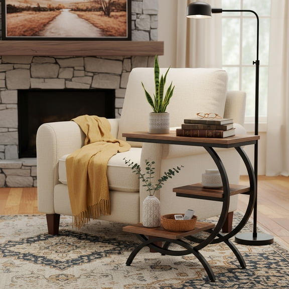 Finmind C-Shaped End Table, Industrial 3-Tier Side Table with Storage Shelves for Small Spaces, Rustic Brown