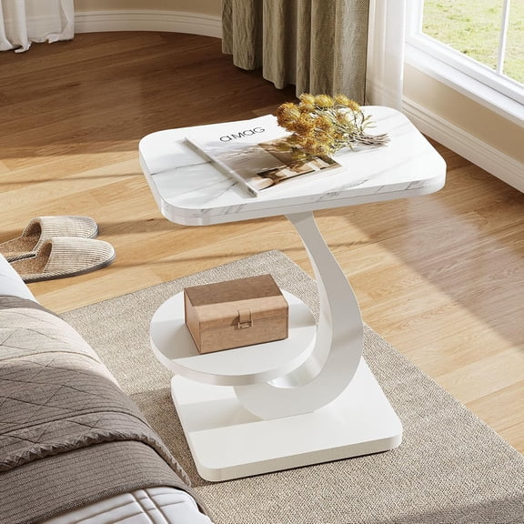 Finmind C-Shaped End Table, Modern Couch Side Table with 2-Tier Storage Shelves, Faux Marble Top Bedside Nightstand, White