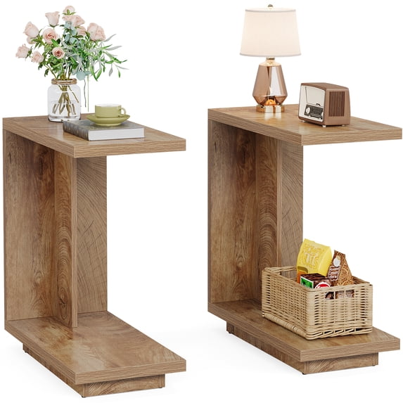 Finmind C-Shaped Side Table for Couch, 2-Tier C Table with Sturdy Pedestal, Farmhouse Sofa End Table for Living Room, Bedroom, Brown (Set of 2)