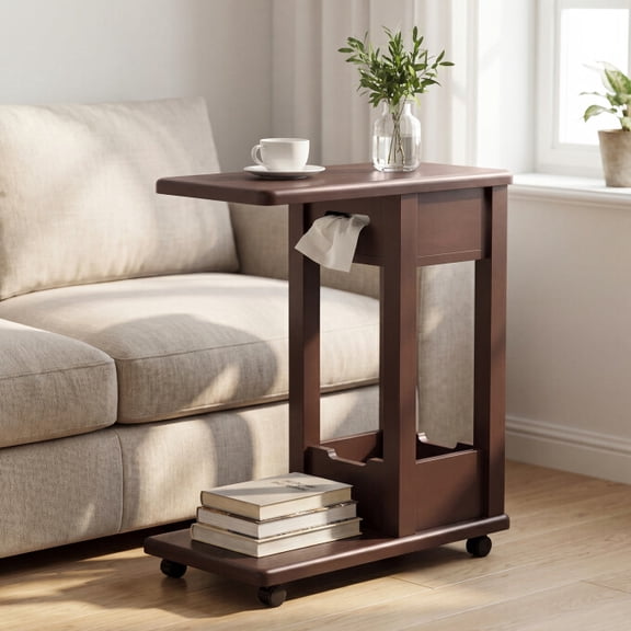 Finmind C-Shaped Side Table for Couch, Rolling Sofa End Table that Slide under