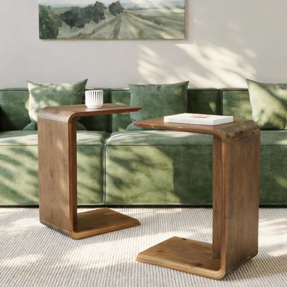 Finmind C-Shaped Solid Wood End Table Set of 2, Narrow Sofa Side Table for Couch, Living Room, Bedroom, Small Spaces, Easy Assembly, Dark Brown