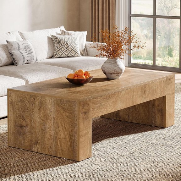 Finmind Coffee Table for Living Room, 51-Inch Farmhouse Center Table | Rectangular Accent Cocktail Tea Table with Sturdy Base, Vintage Tea Furniture for Home Reception, Light Brown