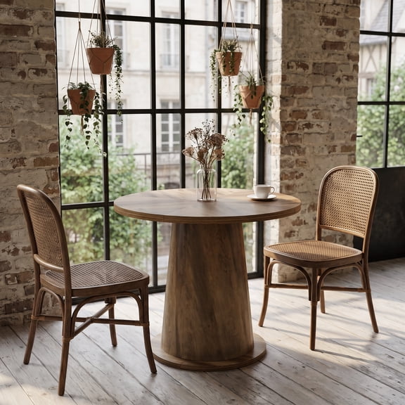 Finmind Commercial Round Dining Table for 2-4 People, 31.5" Wood Farmhouse Kitchen Table with Sturdy Conical Base for Home Kitchen, Walnut