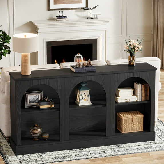 Finmind Console Table, 63 Inch Long Farmhouse Entryway Table with 3 Tier Storage for Living Room, Hallway, Black