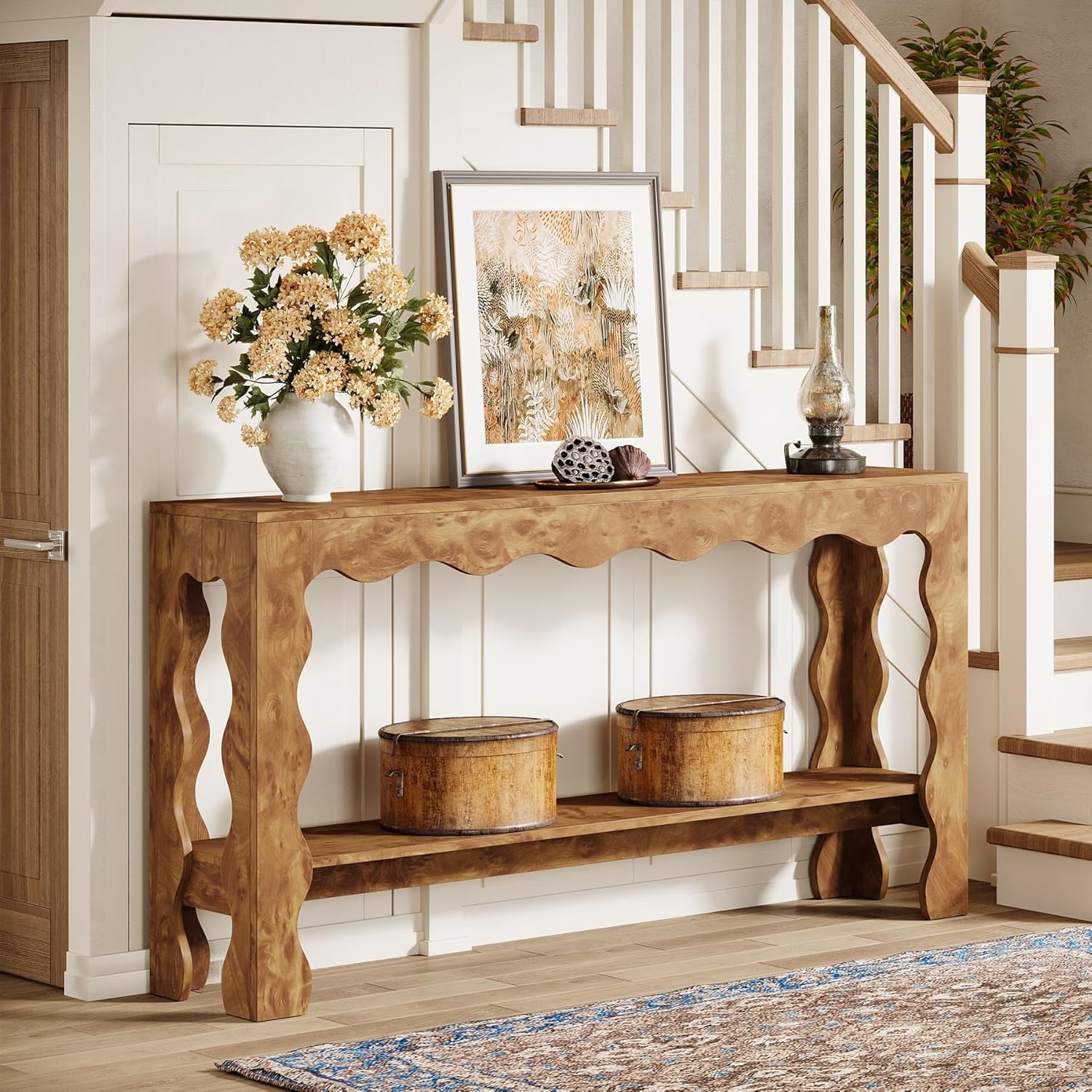 Finmind Console Table 63" Long, 2-Tier Narrow Entryway Table with Scalloped Legs, Rustic Sofa Table Behind Couch for Hallway, Living Room, Light Brown
