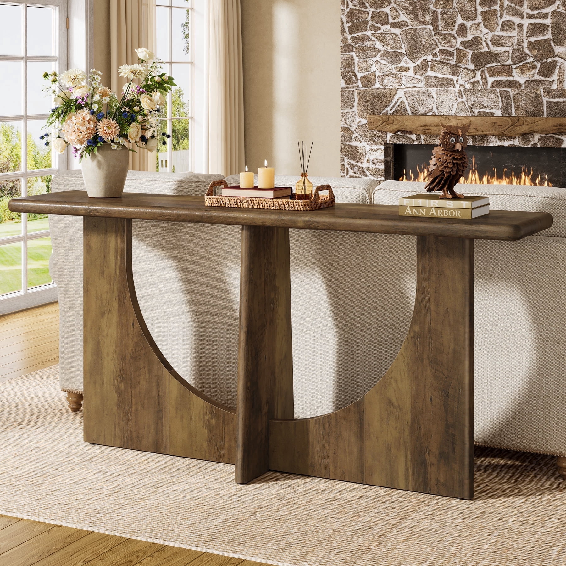 Finmind Wood Console Table, 71-inch Farmhouse Entryway Table with Sturdy Geometric Leg for Living Room, Hallway, Rustic Brown