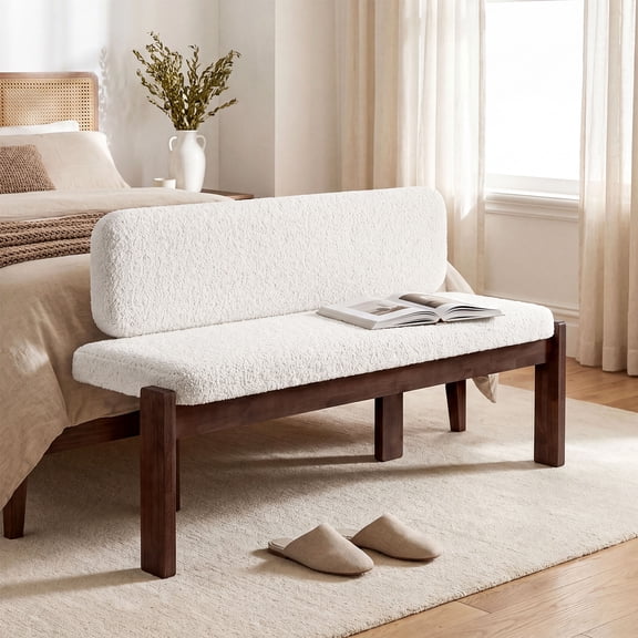 Finmind End of Bed Bench with Backrest, 55 Inch Modern Upholstered Bedroom Bench with White Faux Shearling Cushion and Solid Wood Frame for Bedroom, Living Room, Entryway