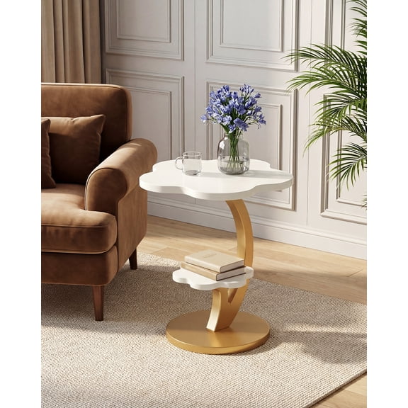 Finmind End Table, 2-Tier Side Table, Small Flower-Shaped Table with Metal Frame for Living Room, Bedroom, White and Gold