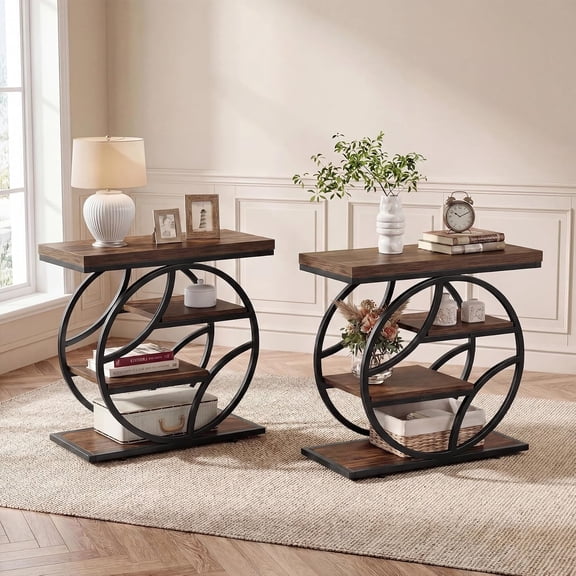 Finmind End Table for Living Room Set of 2, Narrow Side Table with 5-Tier Storage Shelf and Geometric Metal Frame, Industrial Nightstand for Bedroom, Small Space,