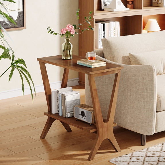 Finmind End Table with Open Storage Shelf, Mid-Century Modern Side Table with Unique Split Legs, 2-Tier Narrow Accent Table for Living Room, Bedroom, Entryway, Walnut Brown