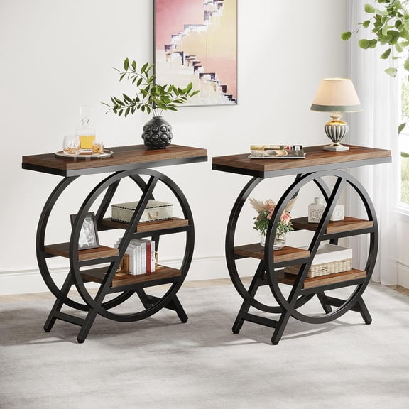 Finmind End Table Set of 2 for Living Room, Narrow Side Table with 4-tier Storage Shelf and Geometric Metal Frame for Couch, Industrial Nightstand for Bedroom, Rustic Brown