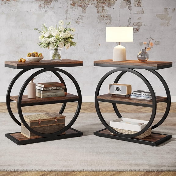 Finmind End Table Set of 2, Narrow Side Tables with 3 Storage Shelves for Living Room or Bedroom