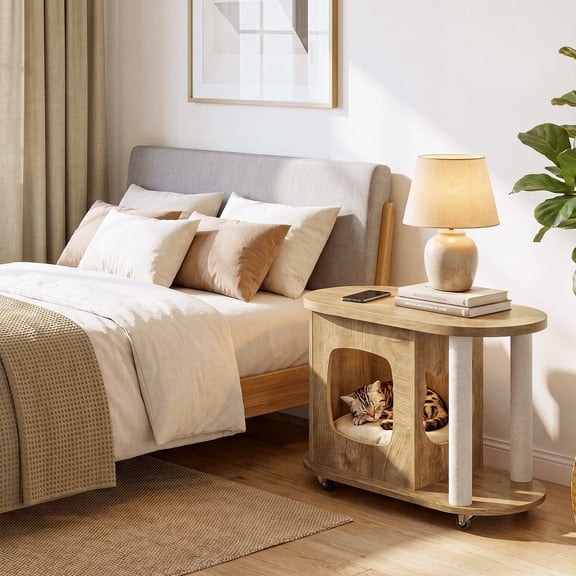 Finmind End Table, Sofa Side Table with Scratching Posts and Cat Bed Oval for Bedroom Living Room, White and Brown