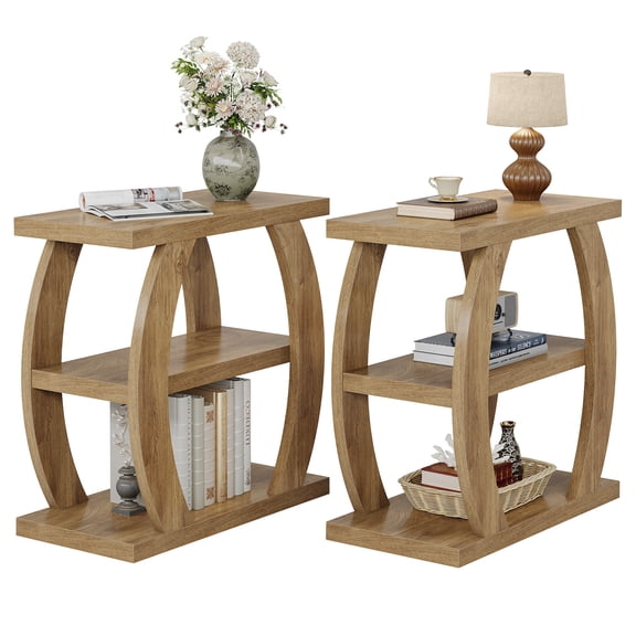 Finmind End Table for Living Room, 3-Tier Narrow Side Table with Storage , Tall Nightstand for Bedroom, Small Spaces, Light Brown (Set of 2)
