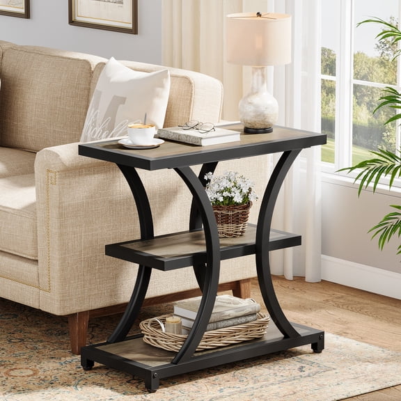 Finmind End Table with Storage Shelves, 3-Tier Side Table with Geometric Metal Frame, for Small Spaces, Living Room, Bedroom, Gray and Black