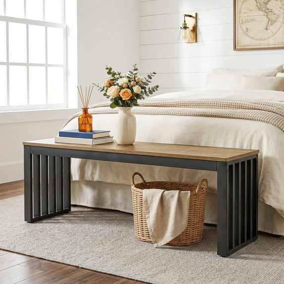 Finmind End of Bed Bench, 47 inch Industrial Indoor Bench for Entryway, Foyer, Bedroom, Living Room, Brown & Black