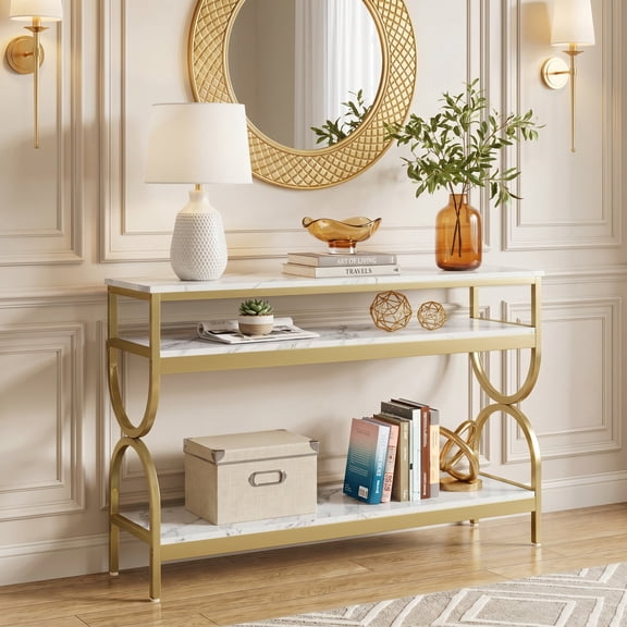 Finmind Entryway Console Table with Storage, 55 inch Modern Faux Marble Entryway Table, 3-Tier Sofa Console Table with Open Shelves for Living Room, Hallway, Foyer, White and Gold