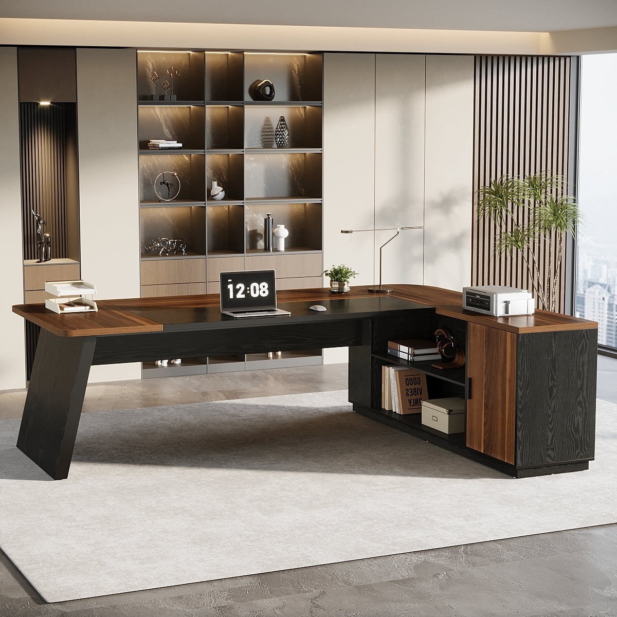 Finmind Executive Desk with Cabinet, 79-Inch L-Shaped Computer Table with Storage Shelves, Office Desk for Home Office, Brown and Black