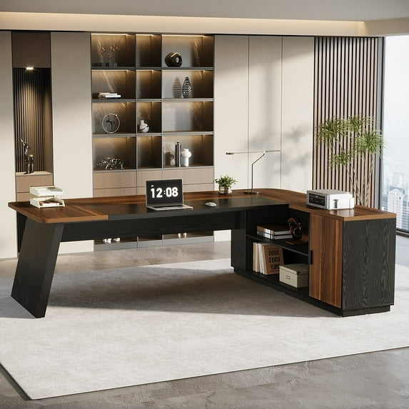 Finmind Executive Desk with Cabinet, 79-Inch L-Shaped Computer Table with Storage Shelves, Office Desk for Home Office, Brown and Black