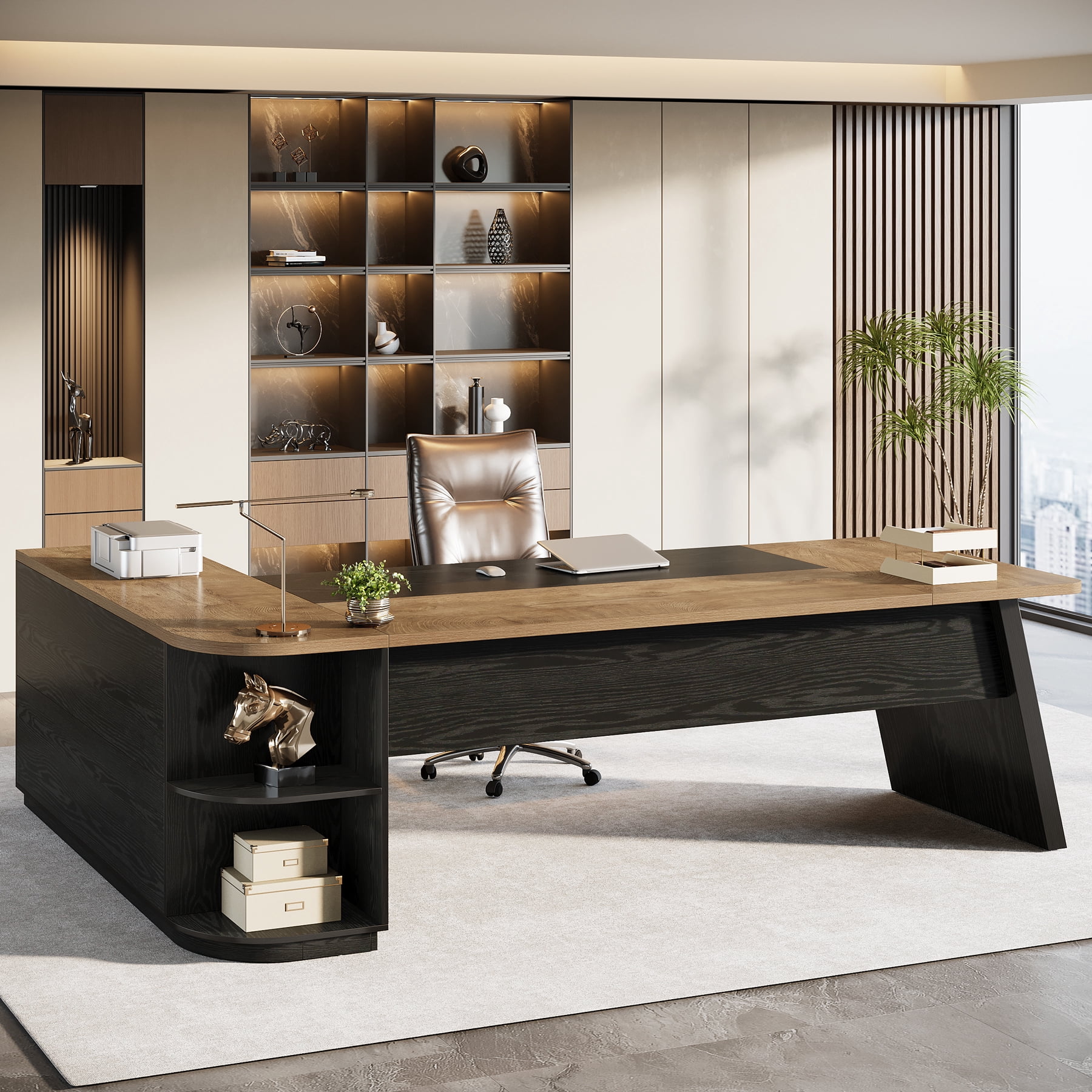 Finmind Executive Desk with Cabinet, 79-inch L-Shaped Computer Desk with Storage Shelves for Home Office, Natural Brown and Black