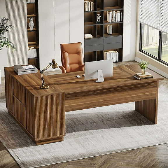 Finmind Executive Desk with File Cabinet, 70.8-Inch L-Shaped Computer Table with Storage Shelves for Home Office, Light Walnut