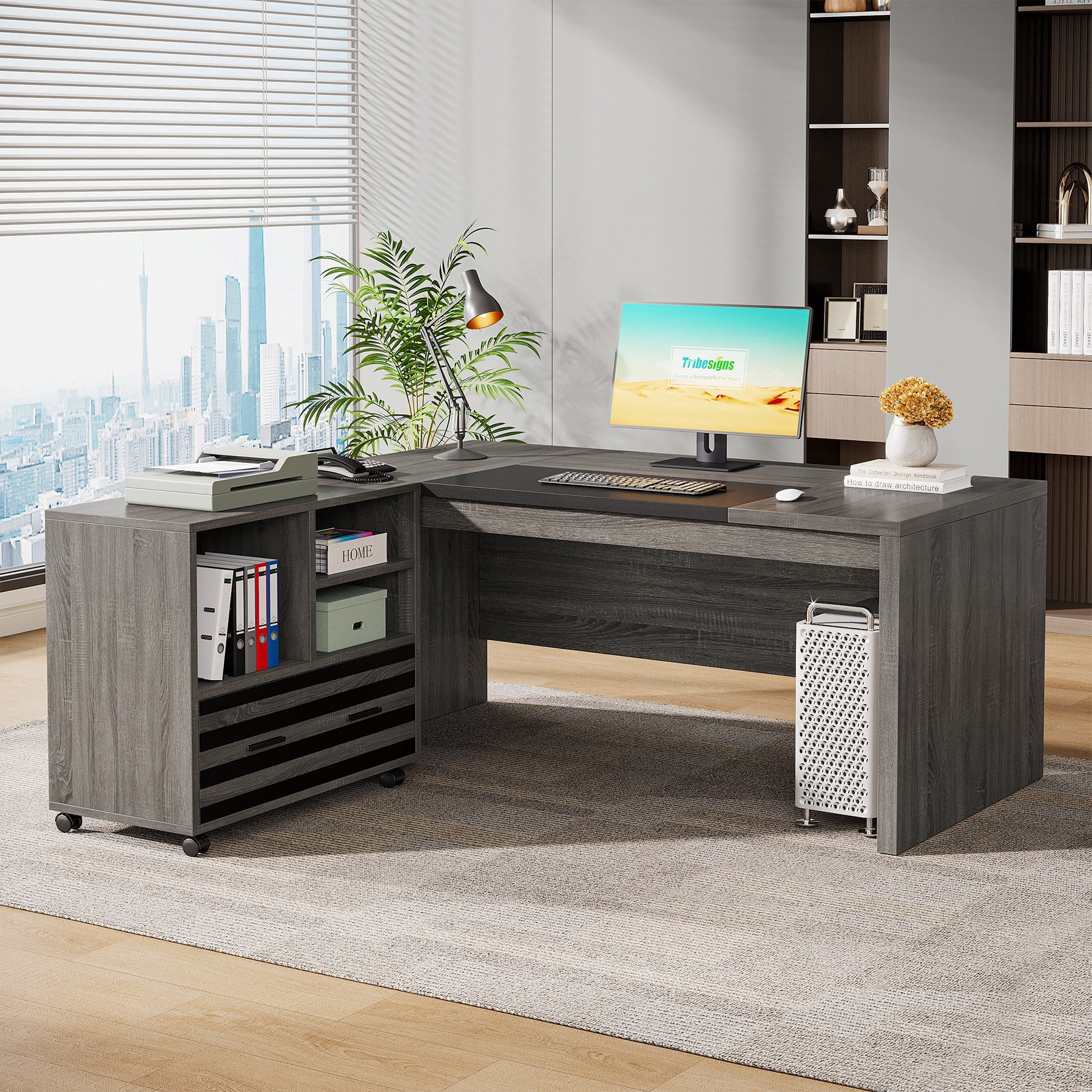 Finmind  Executive Desk with Mobile File Cabinet, 62.2-Inch L-Shaped Office Desk with Storage Shelves for Home Office, Gray