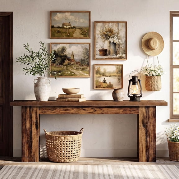 Finmind Extra Long Console Table, 86.6'' Wooden Entryway Table, Brown