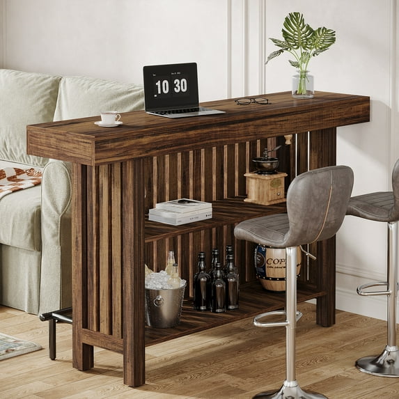 Finmind Farmhouse 2-Tier Bar Table, 63 Inch Home Bar Unit with Footrest, Corner Mini Coffee Bar Table for Home Kitchen, Rustic Brown