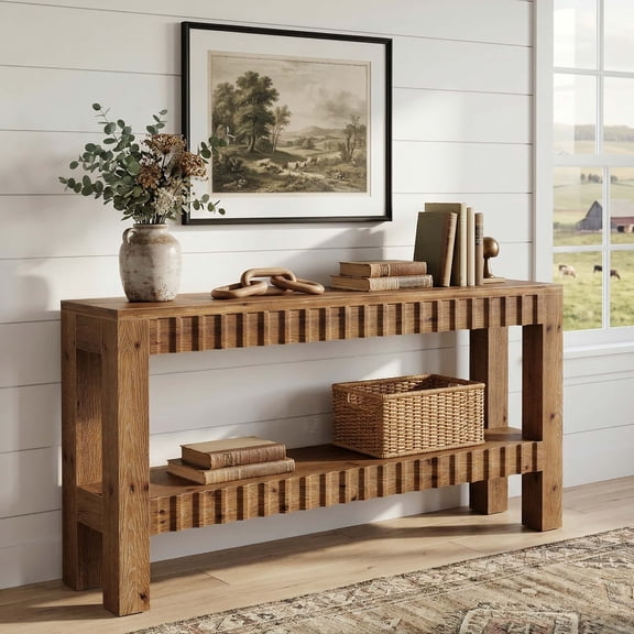 Finmind Farmhouse 2-Tier Console Table, 63 inch Solid Wood Entryway Table with Fluted Design for Living Room Behind Sofa, Rustic Brown