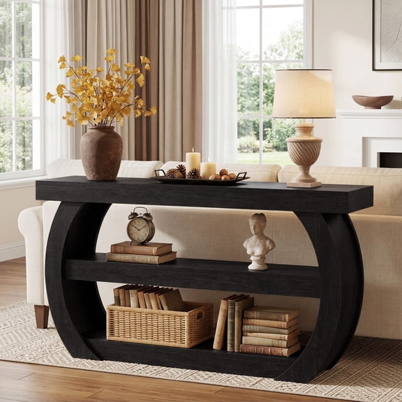Finmind Farmhouse 3-Tier Console Table,  63-inch Long Rectangular Wooden Table with Storage  for Living Room, Black