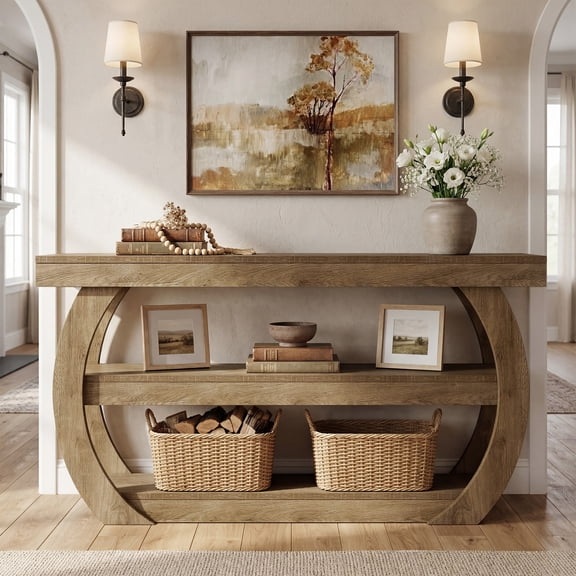 Finmind Farmhouse 3-Tier Console Table, 63-inch Long Rectangular Wooden Table with Storage for Living Room, Natural