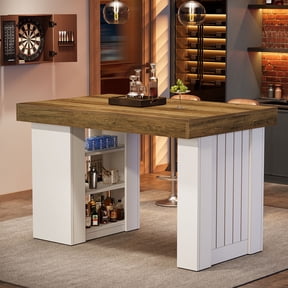 Finmind 55" Bar Table, Farmhouse Counter Height Dining Table with 3-Tier Storage Shelf, Home Bar Unit for Kitchen, Basement, Rustic Brown & White