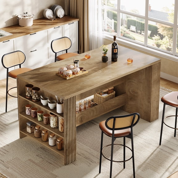 Finmind Farmhouse Bar Table, 59-Inch Counter Height Pub Table with Storage Shelves, High Top Bar Unit for Home, Kitchen, Dining Room, Bistro, Rustic Brown