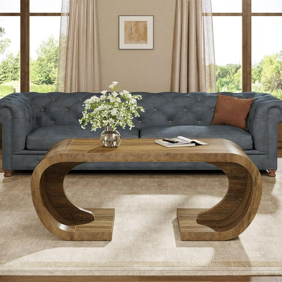 Finmind Farmhouse Coffee Table, 47" Rustic Brown C-Shaped Center Table with Curved Base for Living Room, Entertainment Space, Home Office