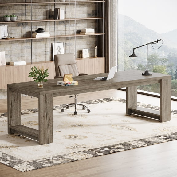 Finmind Farmhouse Computer Desk, 86.6 Inch Extra Long Desk for 2 Person, Rectangular Writing Desk for Home, Office, Living Room, Gray