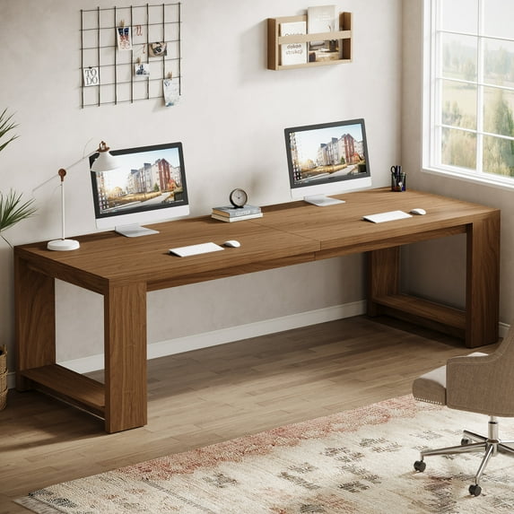 Finmind Farmhouse Computer Desk, 86.6 Inch Extra Long Desk for 2 Person, Rectangular Writing Desk for Home, Office, Living Room, Walnut
