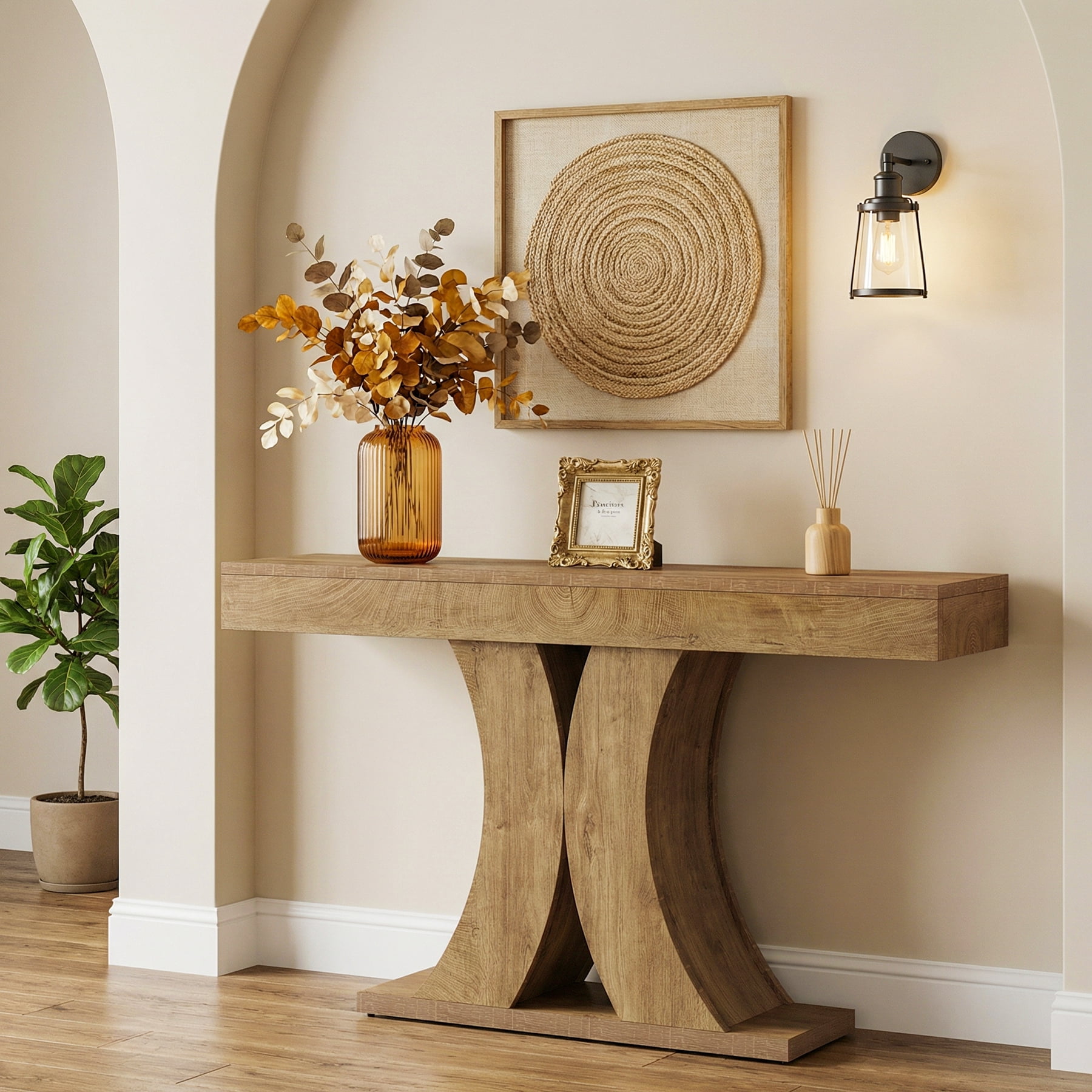 Finmind Wooden Console Table, Farmhouse Narrow Sofa Entryway Table Behind the Couch, 59" Modern Accent Furniture for Living Room, Hallway, Entrance, Foyer, Natural Brown